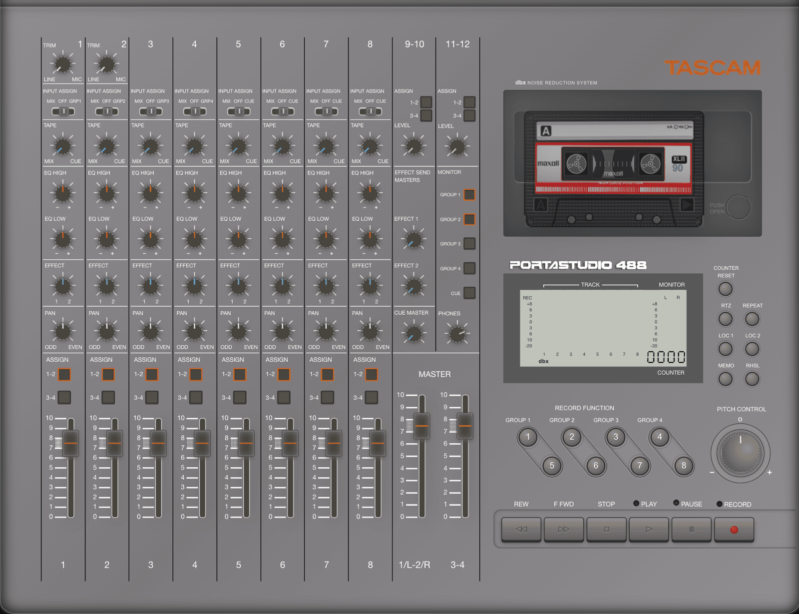 The Tascam Portastudio 488 rebuilt in the browser: eight channel strips, a cassette deck, level meters and transport keys.