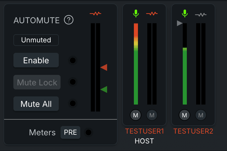 The Sessionwire mixer: a master section with mute controls, and a channel strip with level meters for each of two people in a call.